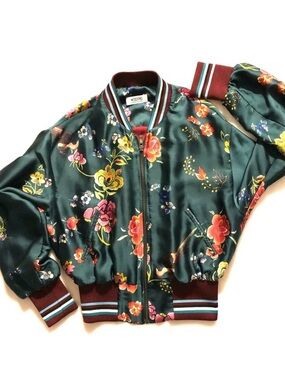 Moschino Green Floral Satin Bomber with Burgundy Trim